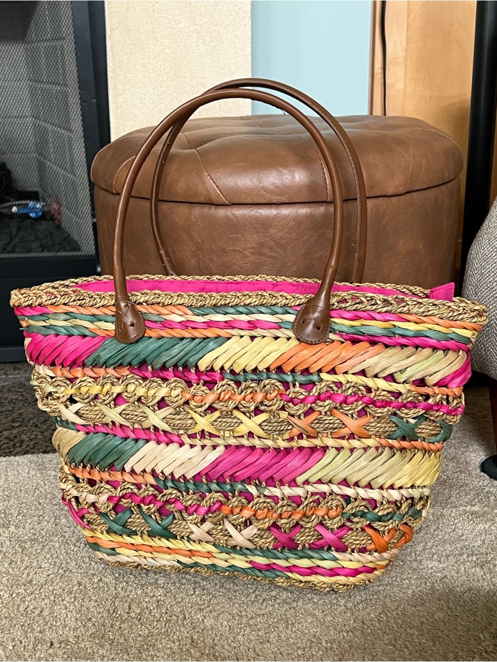 Cappelli Straworld Multicolor Woven Straw Raffia Beach Tote Bag Hot Pink Lining